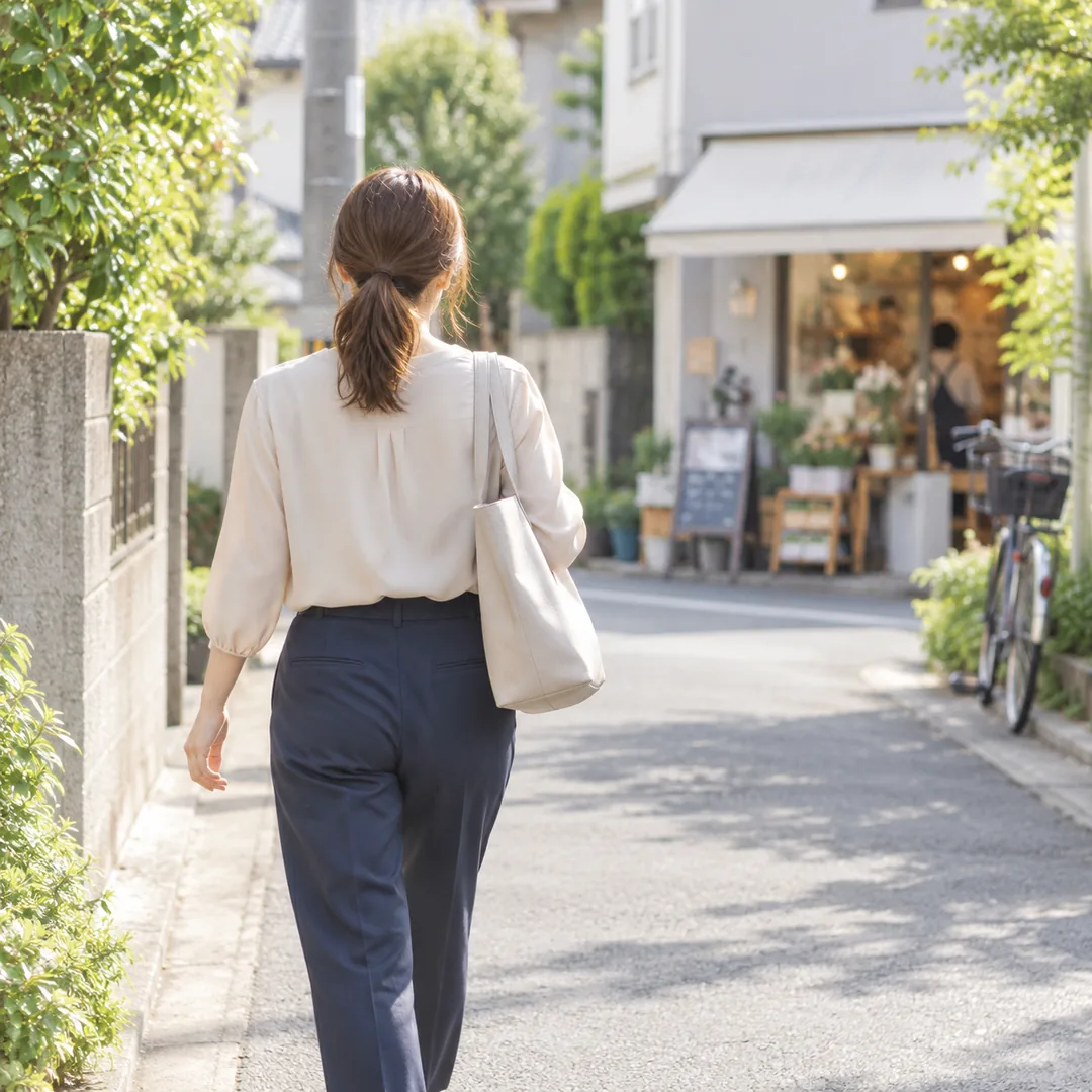 トートバッグを持ちパートへ向かうママの後ろ姿の生成イメージ